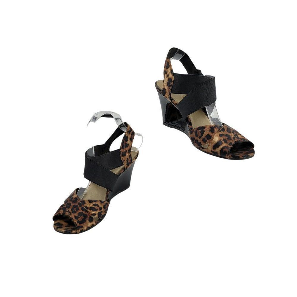 Predictions Dressy Satin Leopard Criss Cross Strappy Open Toe Wedge‎ Brown Sz 8W